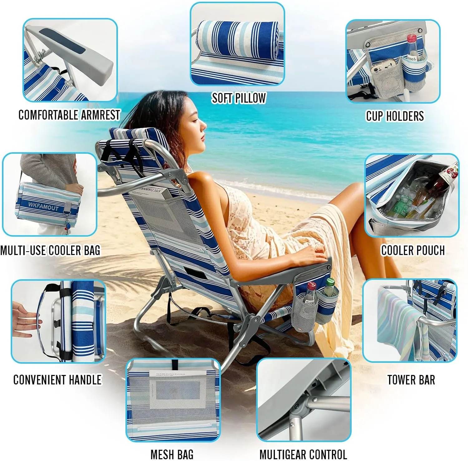 Backpack Beach Chair Aluminum 2 Pack with Folding Camping Table 5-Position Lay Flat Lounge Chair Outdoor for Adults with Insulated Cooler Bag and Cup Holder