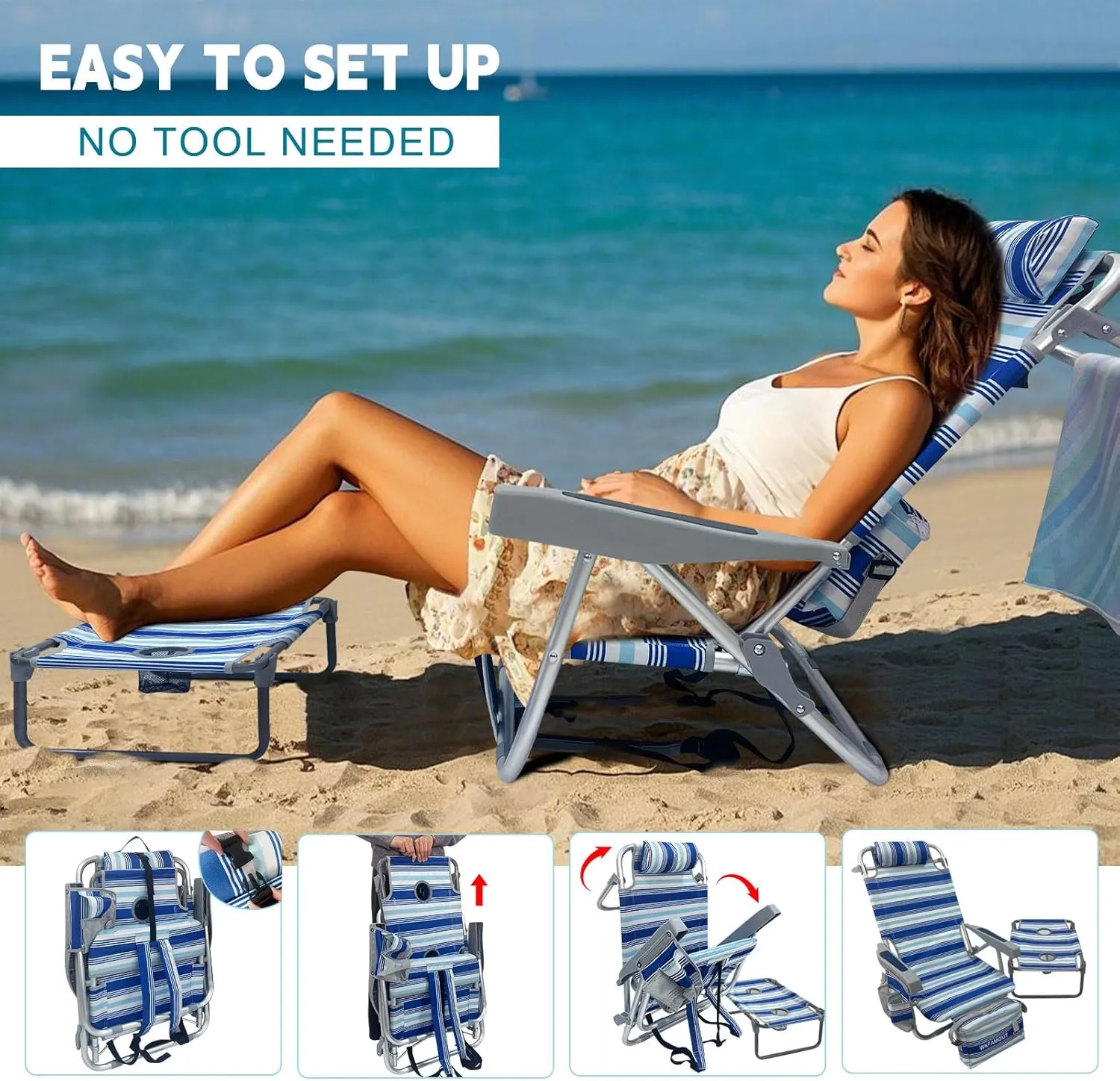 Backpack Beach Chair Aluminum 2 Pack with Folding Camping Table 5-Position Lay Flat Lounge Chair Outdoor for Adults with Insulated Cooler Bag and Cup Holder