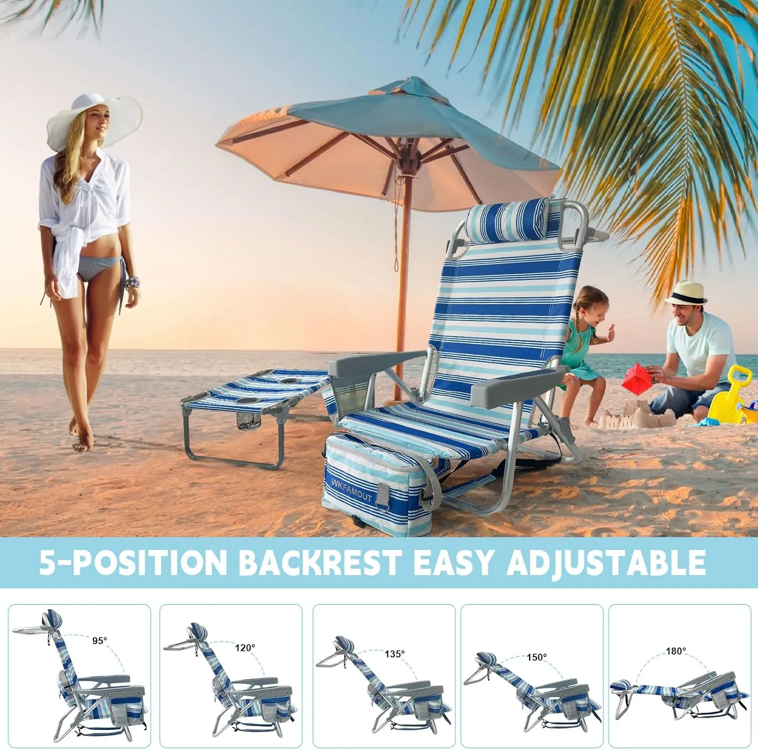 Backpack Beach Chair Aluminum 2 Pack with Folding Camping Table 5-Position Lay Flat Lounge Chair Outdoor for Adults with Insulated Cooler Bag and Cup Holder