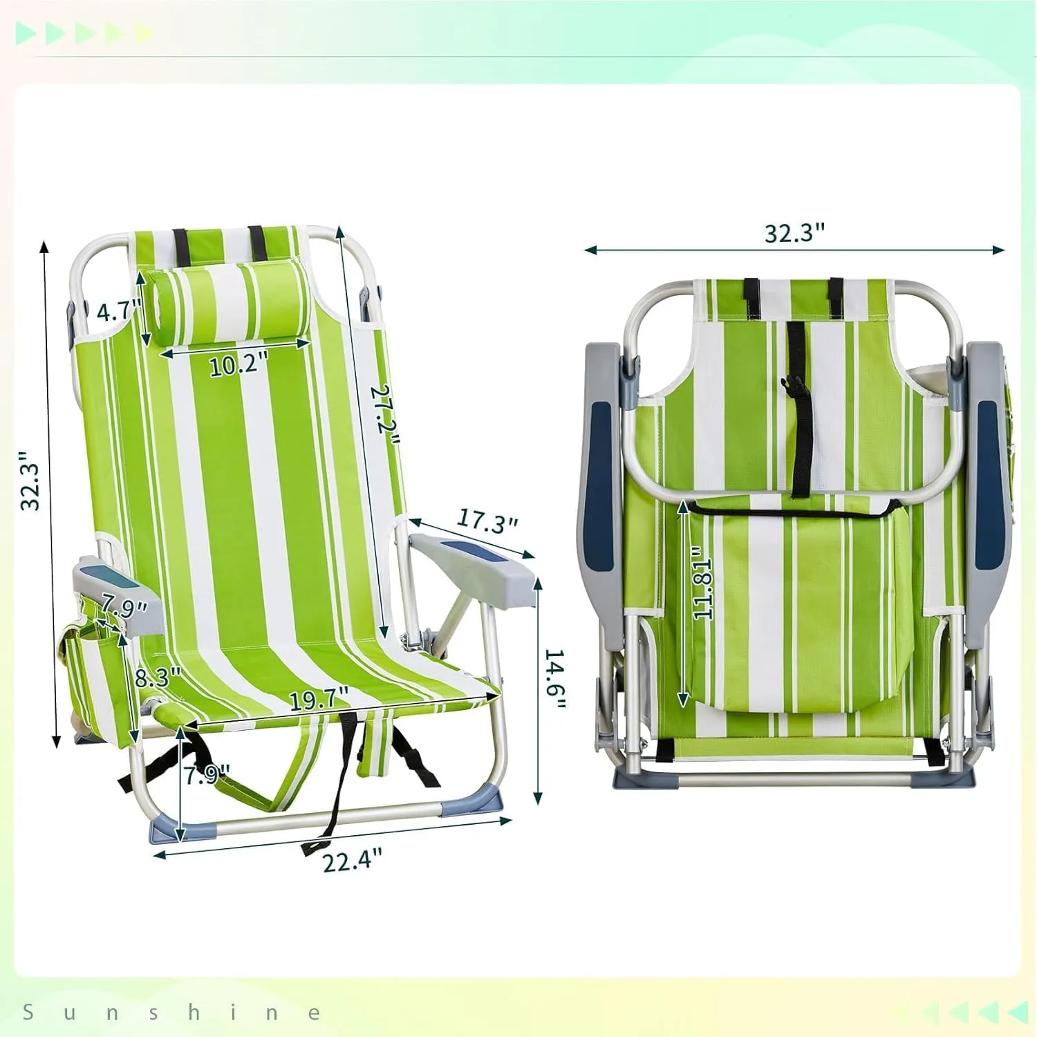 Backpack Beach Chair Folding Heavy Duty, Portable Aluminum Camping Chair with Cup Holder, Multicolor Outdoor Foldable Chair for Travel and Picnic (Green Stripes)