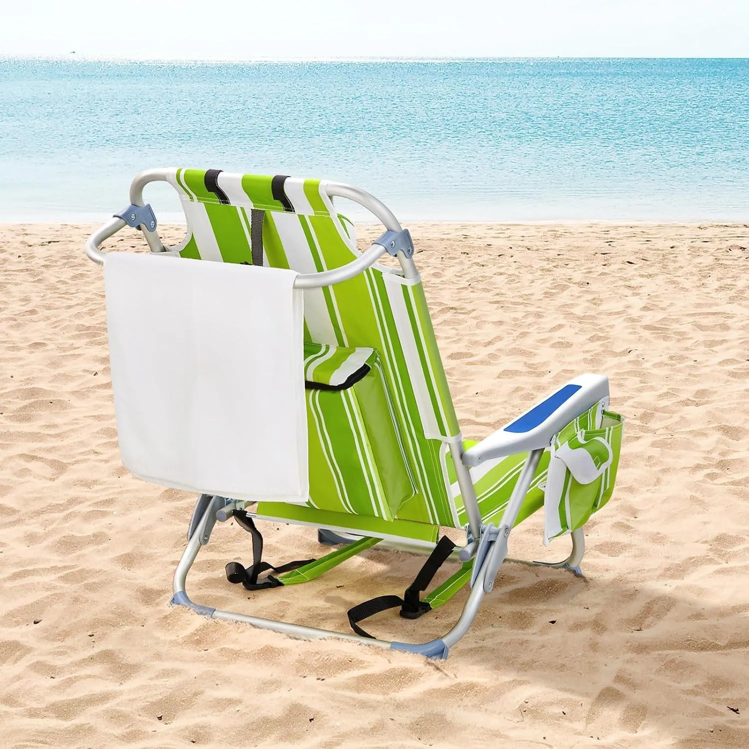 Backpack Beach Chair Folding Heavy Duty, Portable Aluminum Camping Chair with Cup Holder, Multicolor Outdoor Foldable Chair for Travel and Picnic (Green Stripes)