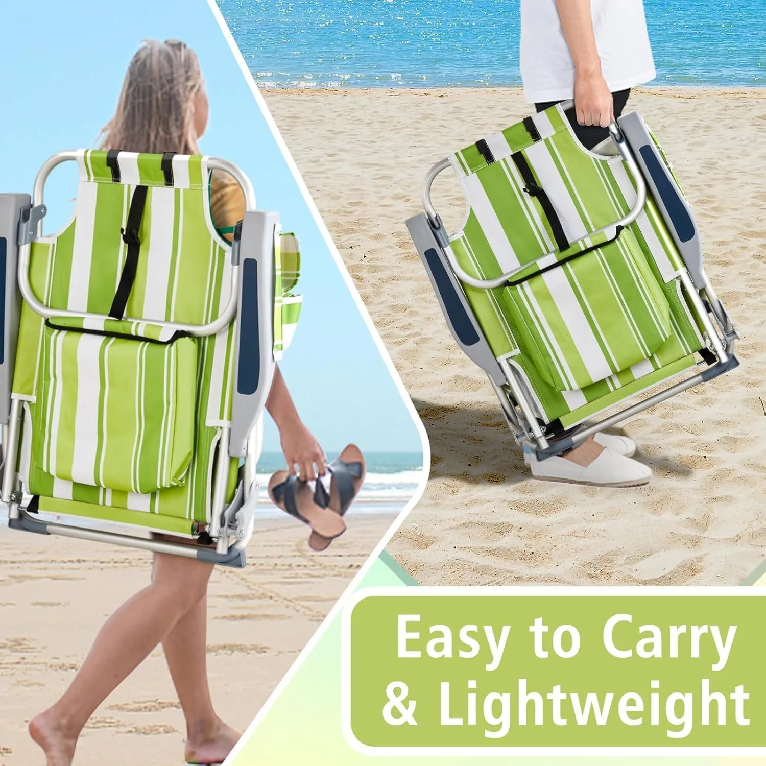 Backpack Beach Chair Folding Heavy Duty, Portable Aluminum Camping Chair with Cup Holder, Multicolor Outdoor Foldable Chair for Travel and Picnic (Green Stripes)