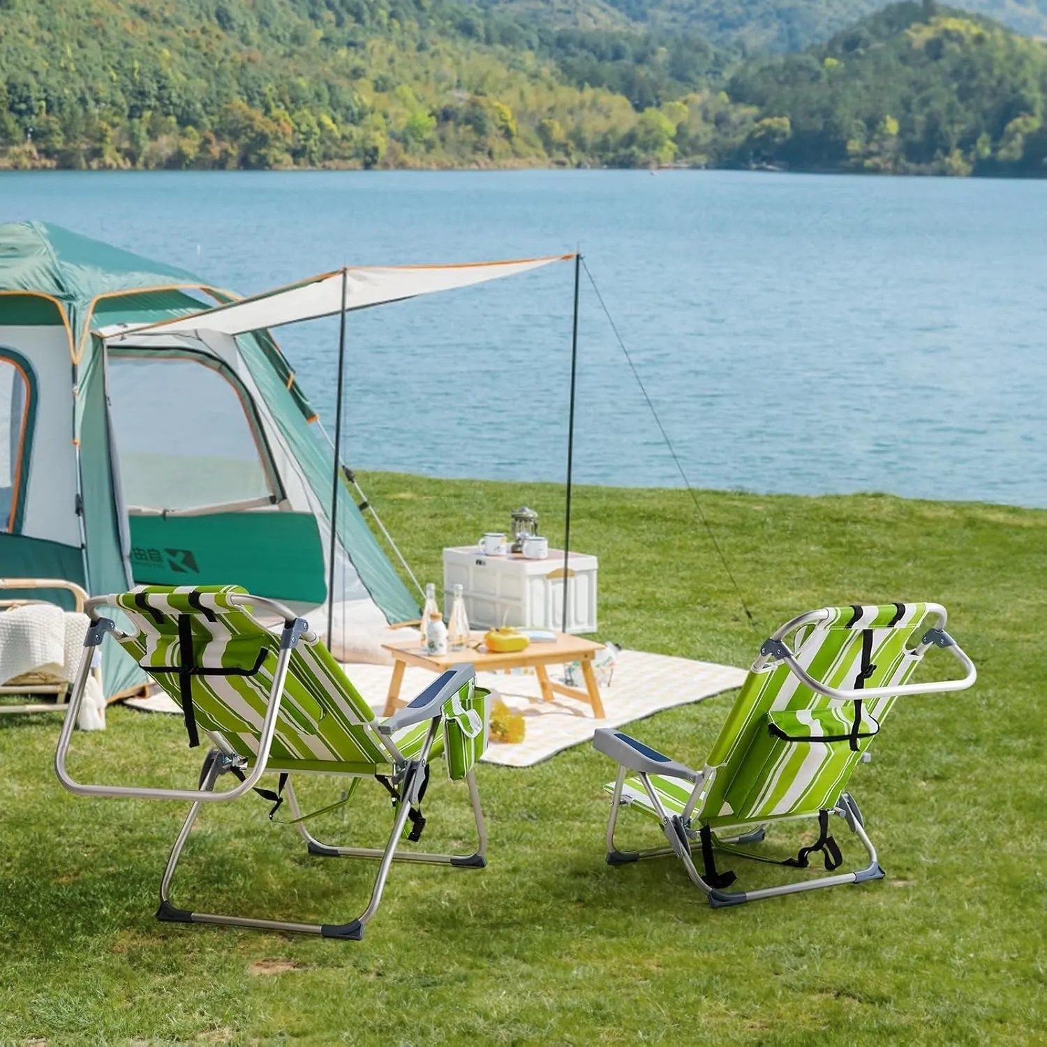 Backpack Beach Chair Folding Heavy Duty, Portable Aluminum Camping Chair with Cup Holder, Multicolor Outdoor Foldable Chair for Travel and Picnic (Green Stripes)