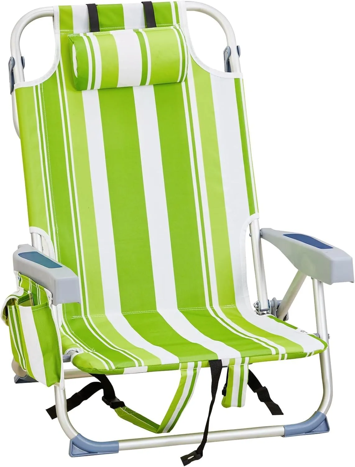 Backpack Beach Chair Folding Heavy Duty, Portable Aluminum Camping Chair with Cup Holder, Multicolor Outdoor Foldable Chair for Travel and Picnic (Green Stripes)