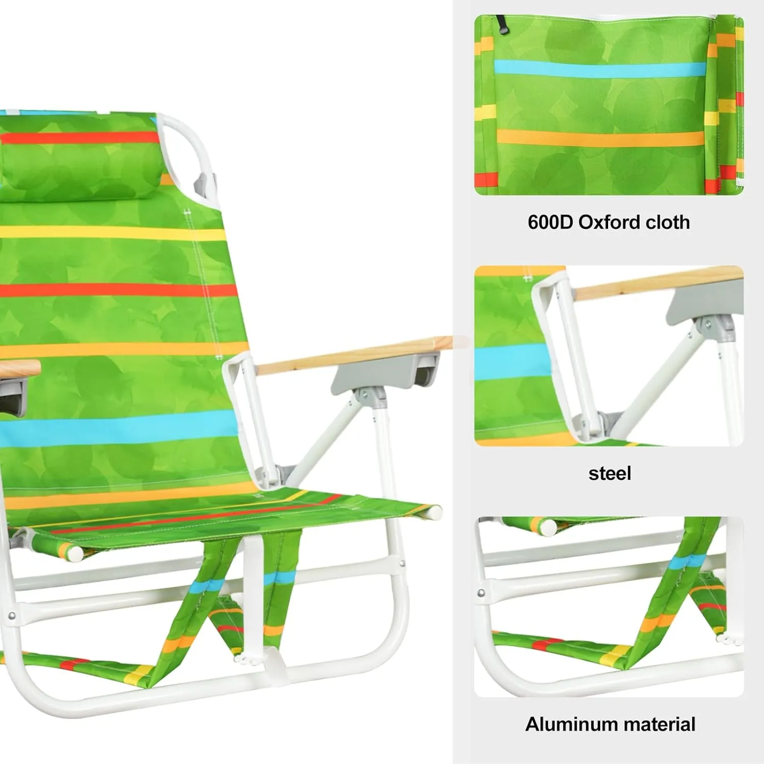 Backpack Beach Chairs for Adults Capacity 300 LBS Low 5 Position Beach Chair with Pouch Straps Folding Lightweight Reclining Aluminum Wide Lay Flat Single