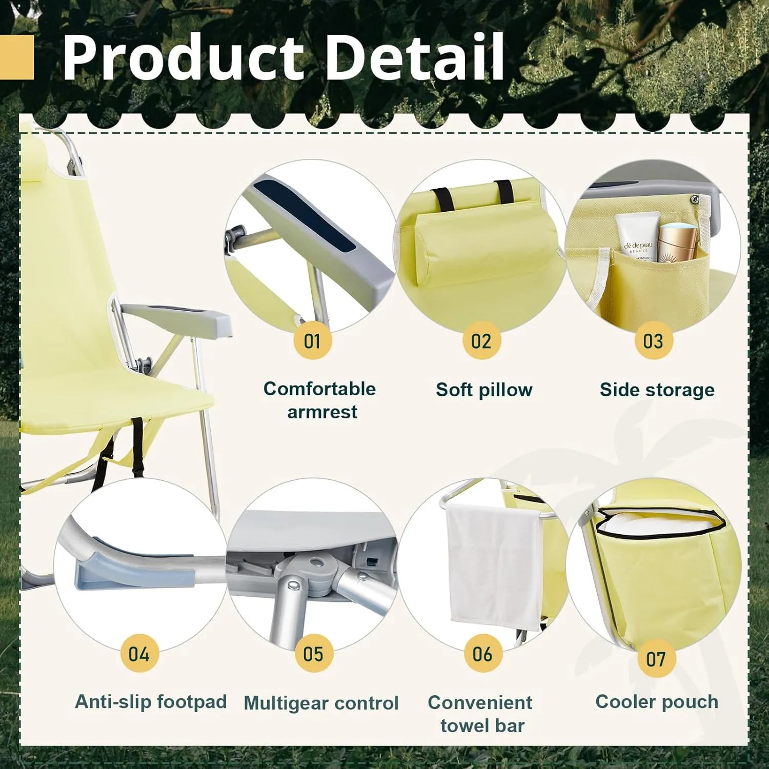 Backpack Beach Chairs Low 5 Position Beach Chair with Pouch Straps Folding Lightweight Reclining Aluminum Lay Flat Single (Yellow, High)