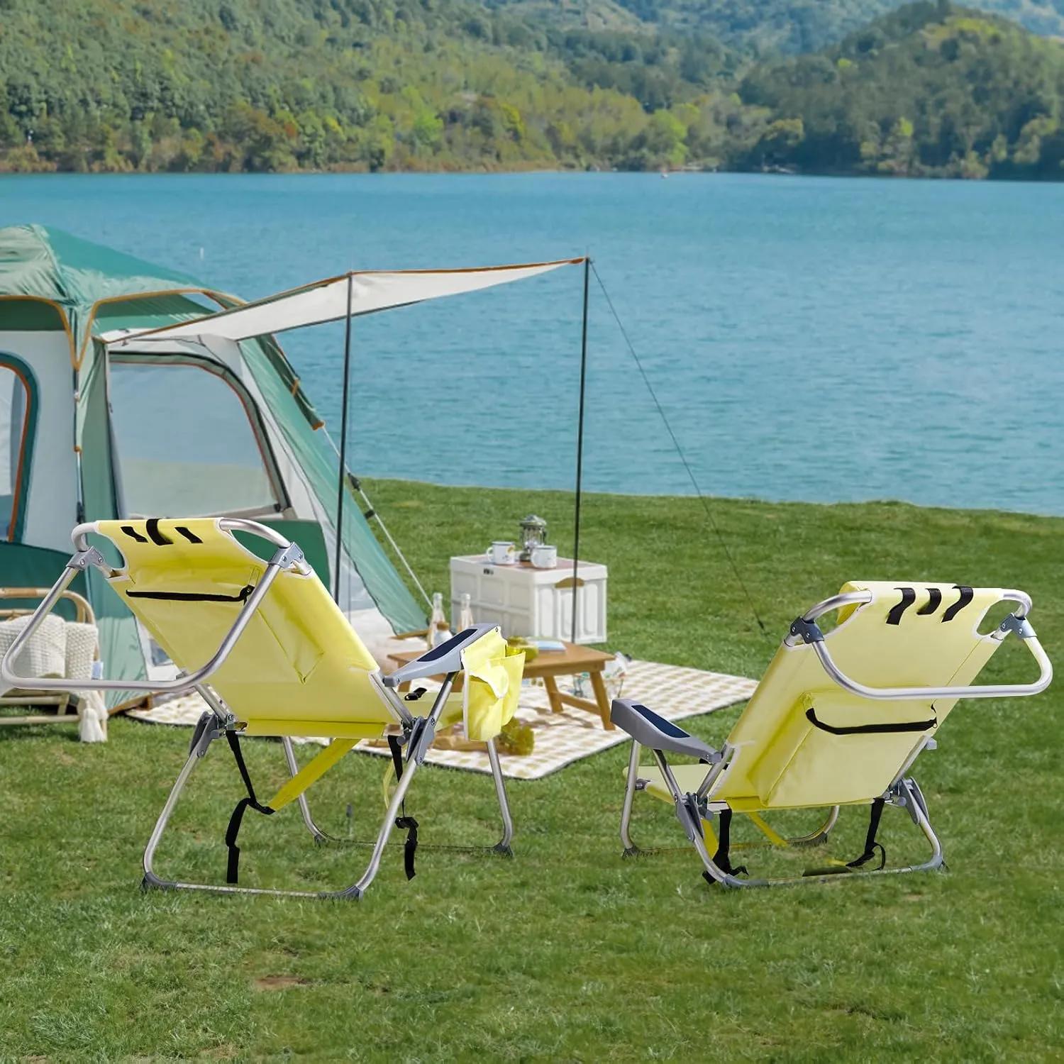 Backpack Beach Chairs Low 5 Position Beach Chair with Pouch Straps Folding Lightweight Reclining Aluminum Lay Flat Single (Yellow, High)