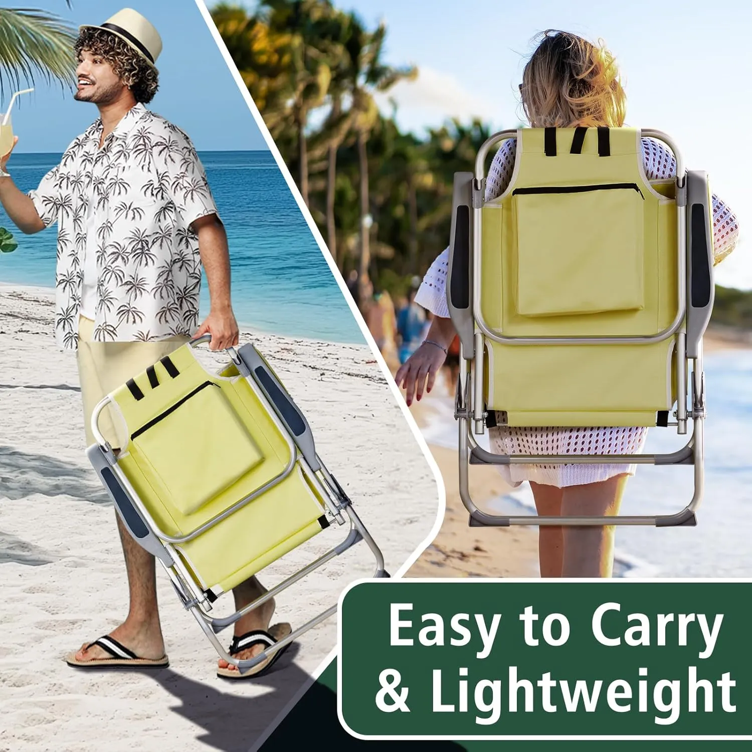 Backpack Beach Chairs Low 5 Position Beach Chair with Pouch Straps Folding Lightweight Reclining Aluminum Lay Flat Single (Yellow, High)