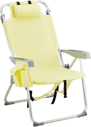 Backpack Beach Chairs Low 5 Position Beach Chair with Pouch Straps Folding Lightweight Reclining Aluminum Lay Flat Single (Yellow, High)