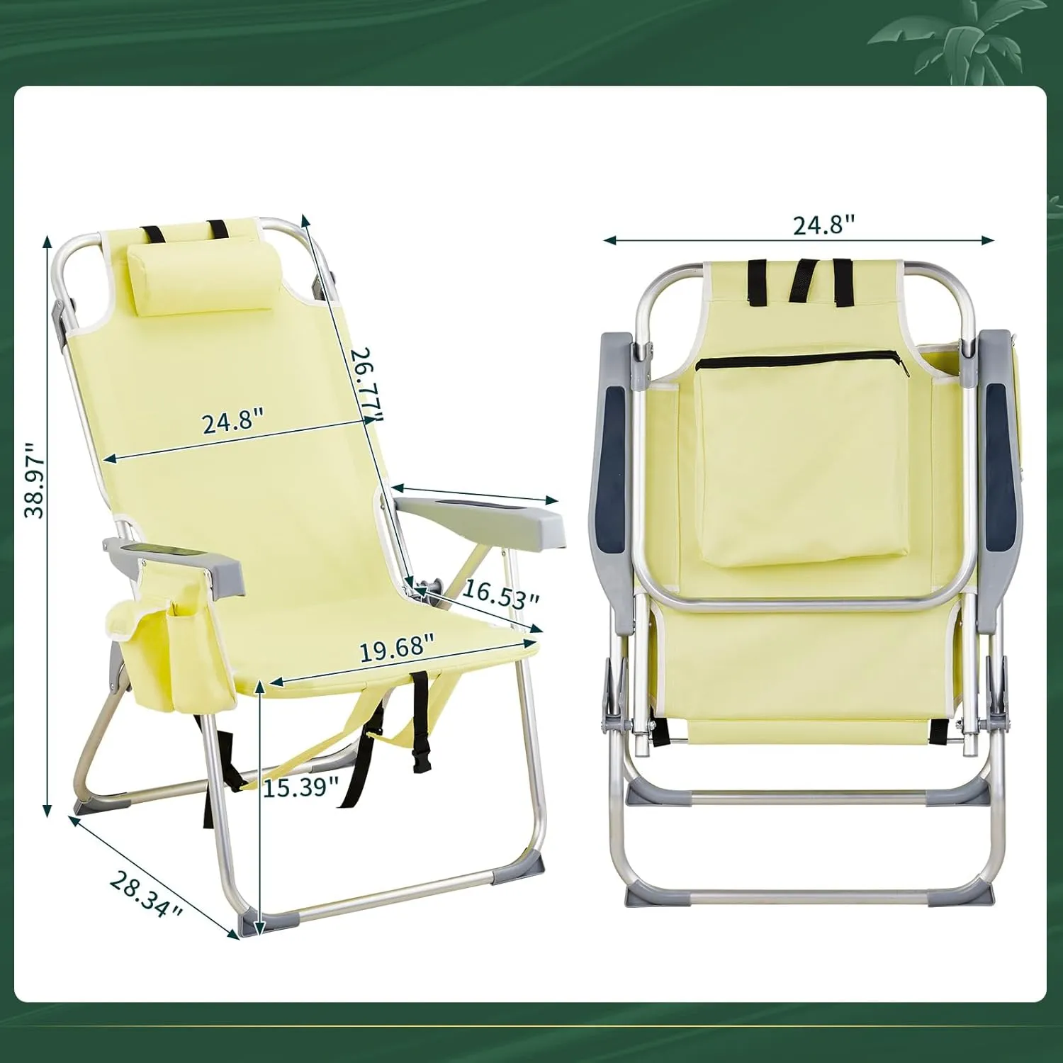 Backpack Beach Chairs Low 5 Position Beach Chair with Pouch Straps Folding Lightweight Reclining Aluminum Lay Flat Single (Yellow, High)