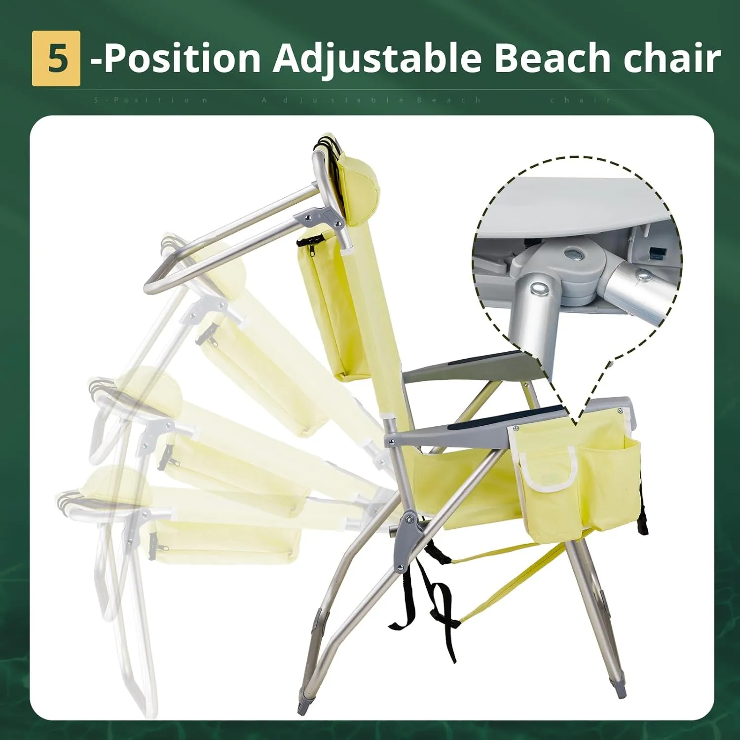 Backpack Beach Chairs Low 5 Position Beach Chair with Pouch Straps Folding Lightweight Reclining Aluminum Lay Flat Single (Yellow, High)