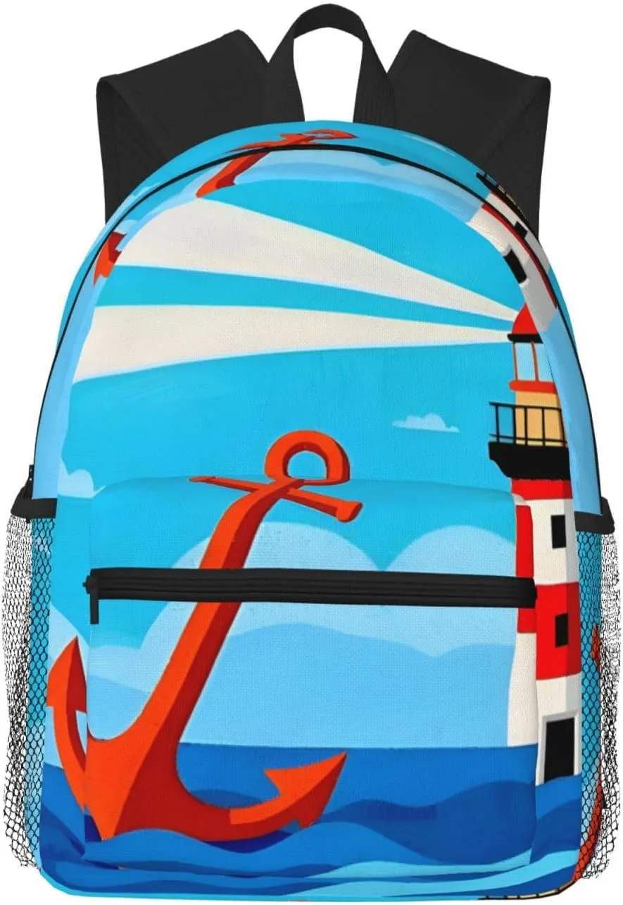 Backpack for Women Men 15.7 in, Lightweight Travel Backpack Waterproof Casual Daypack Laptop Computer Backpacks Carry On Bag Purse for Travel Business Hiking Work, Ocean Sea Lighthouse Anchor