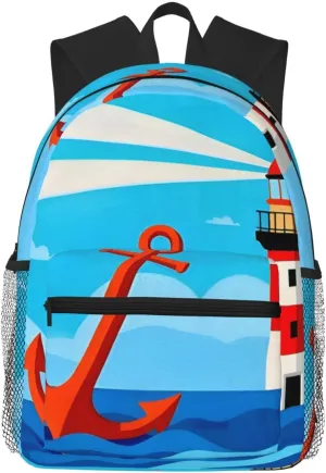 Backpack for Women Men 15.7 in, Lightweight Travel Backpack Waterproof Casual Daypack Laptop Computer Backpacks Carry On Bag Purse for Travel Business Hiking Work, Ocean Sea Lighthouse Anchor