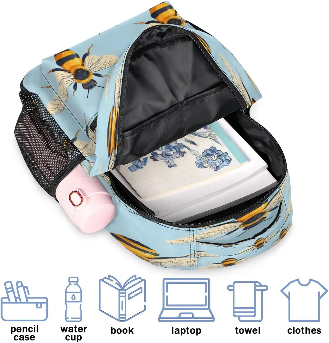 Backpack for Women Men, Waterproof Spring Summer Bee Casual Back Packs, Lightweight Honey Bee Daypack Bags for Travel Camping Work