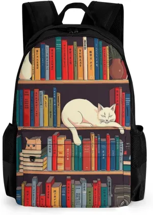 Backpack Multipurpose Anti-Theft Large Capacity Bookbag - Book Lover Catsleeping Over Bookshelf In Library Art Travel Hiking Daypack With Side Pockets