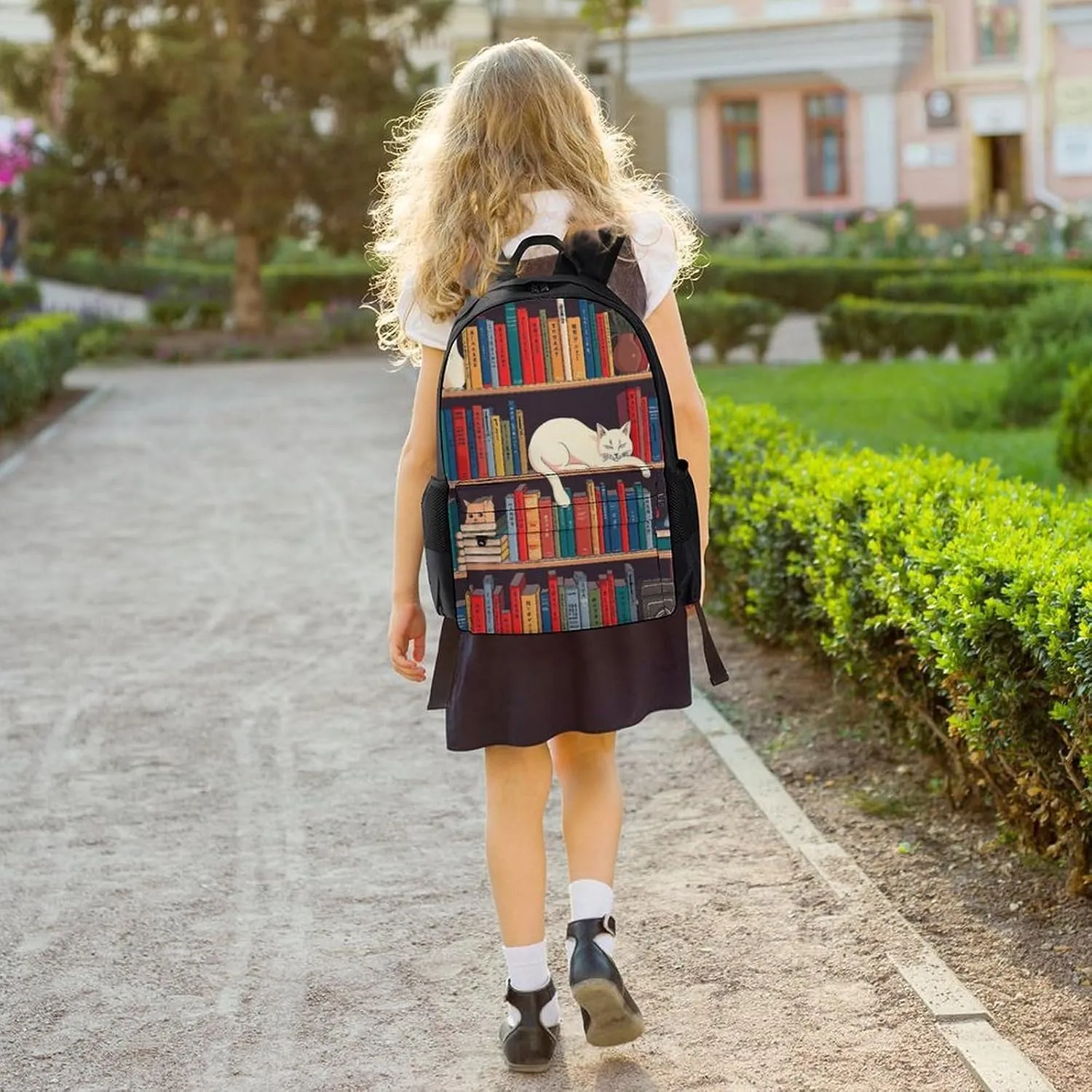 Backpack Multipurpose Anti-Theft Large Capacity Bookbag - Book Lover Catsleeping Over Bookshelf In Library Art Travel Hiking Daypack With Side Pockets