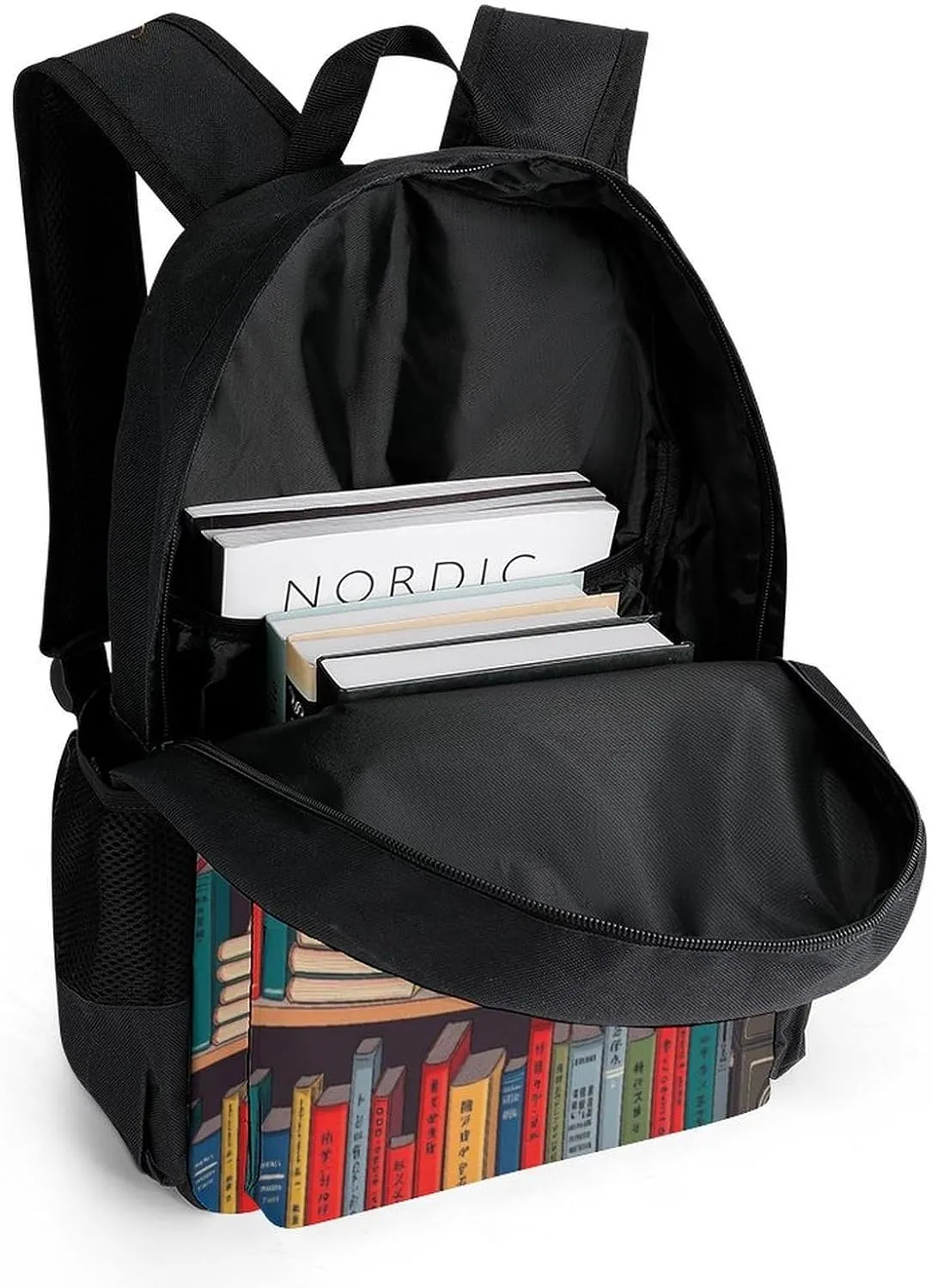 Backpack Multipurpose Anti-Theft Large Capacity Bookbag - Book Lover Catsleeping Over Bookshelf In Library Art Travel Hiking Daypack With Side Pockets