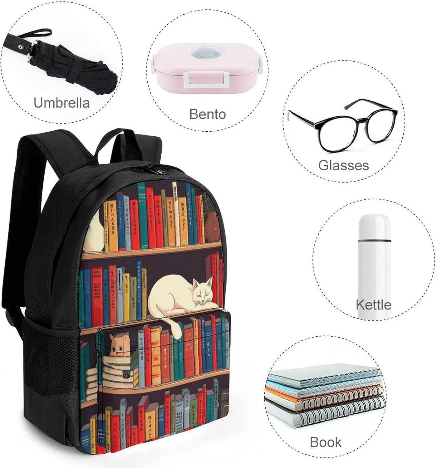 Backpack Multipurpose Anti-Theft Large Capacity Bookbag - Book Lover Catsleeping Over Bookshelf In Library Art Travel Hiking Daypack With Side Pockets