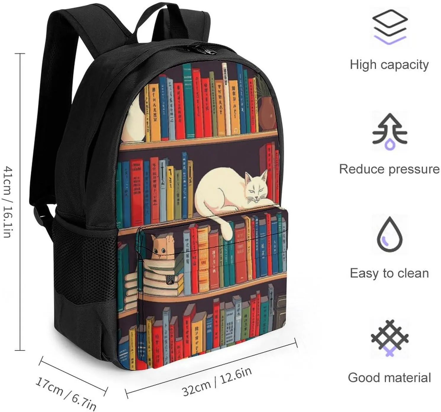 Backpack Multipurpose Anti-Theft Large Capacity Bookbag - Book Lover Catsleeping Over Bookshelf In Library Art Travel Hiking Daypack With Side Pockets