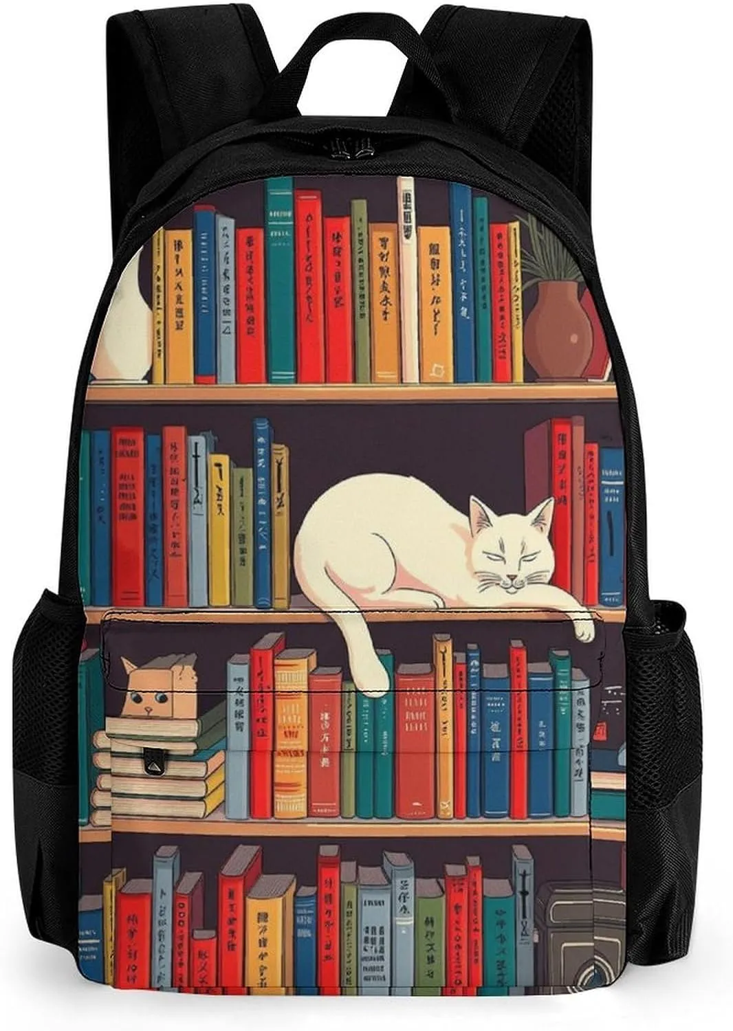 Backpack Multipurpose Anti-Theft Large Capacity Bookbag - Book Lover Catsleeping Over Bookshelf In Library Art Travel Hiking Daypack With Side Pockets