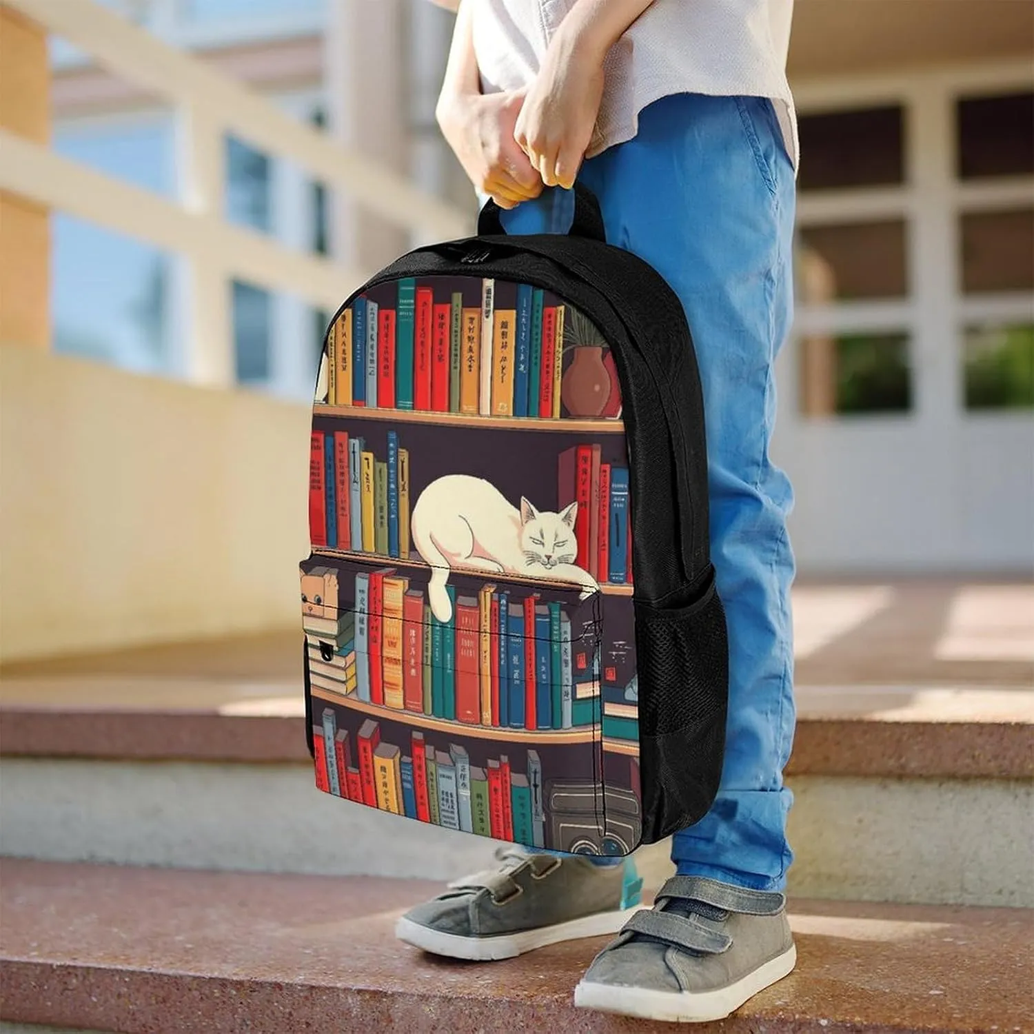 Backpack Multipurpose Anti-Theft Large Capacity Bookbag - Book Lover Catsleeping Over Bookshelf In Library Art Travel Hiking Daypack With Side Pockets