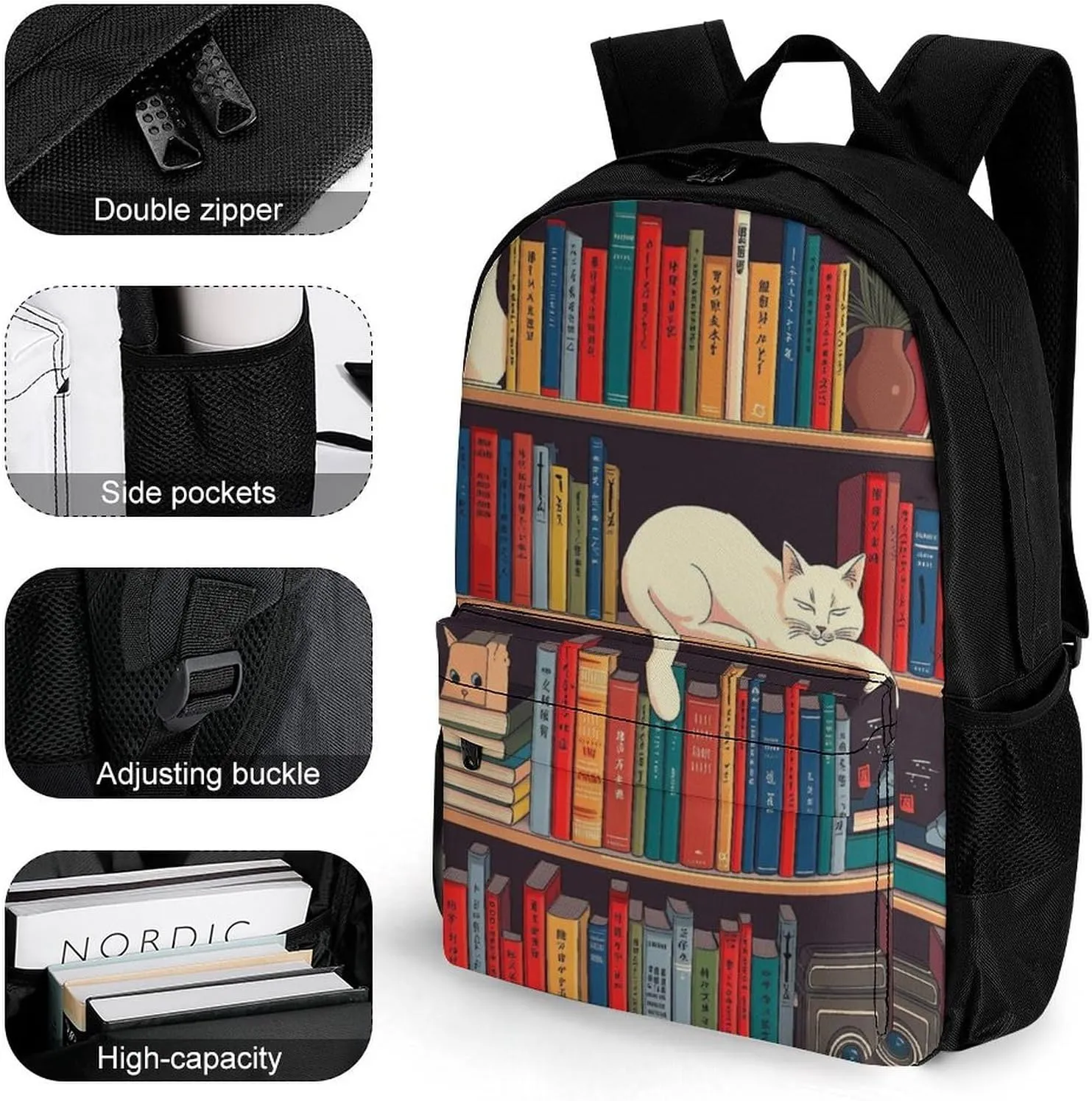 Backpack Multipurpose Anti-Theft Large Capacity Bookbag - Book Lover Catsleeping Over Bookshelf In Library Art Travel Hiking Daypack With Side Pockets