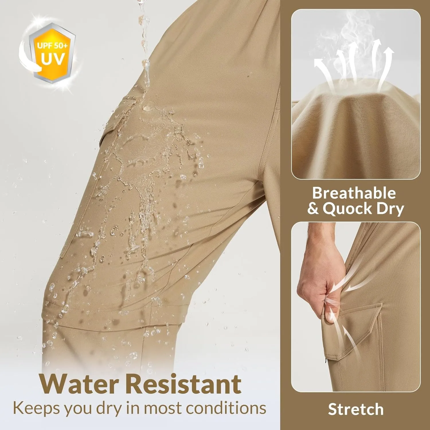 baleaf Men's Hiking Convertible Pants Water Resistant Lightweight Quick Dry Cargo Elastic Waist Outdoor with Zip Pockets