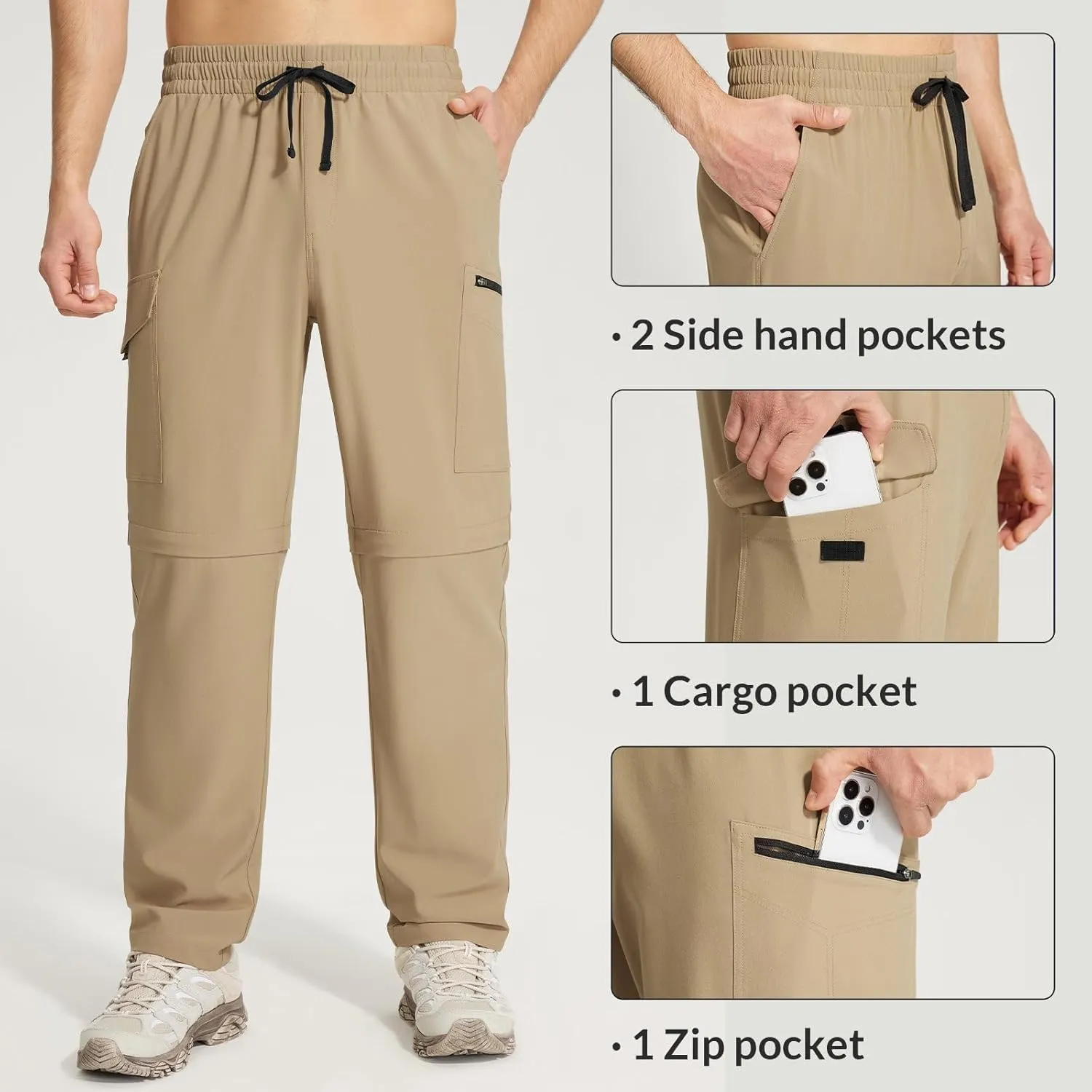 baleaf Men's Hiking Convertible Pants Water Resistant Lightweight Quick Dry Cargo Elastic Waist Outdoor with Zip Pockets