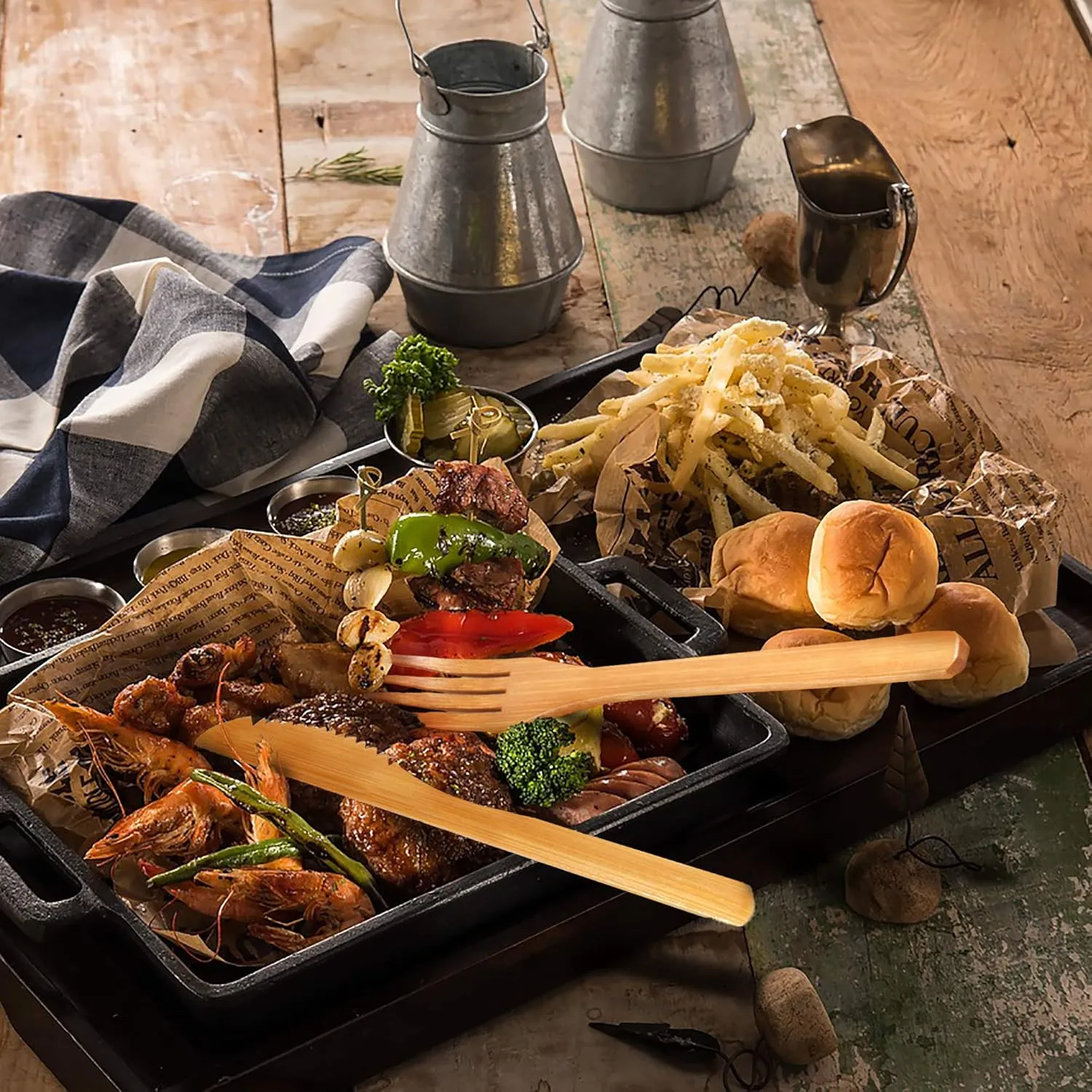 BambooMN Camping Mess Kit Lightweight Organic 8" x 8" Bamboo Plates, Forks, Knifes and Spoons for Camping, Hiking, or Backpacking - 10 Sets