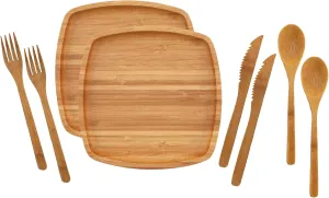 BambooMN Camping Mess Kit Lightweight Organic 8" x 8" Bamboo Plates, Forks, Knifes and Spoons for Camping, Hiking, or Backpacking - 10 Sets