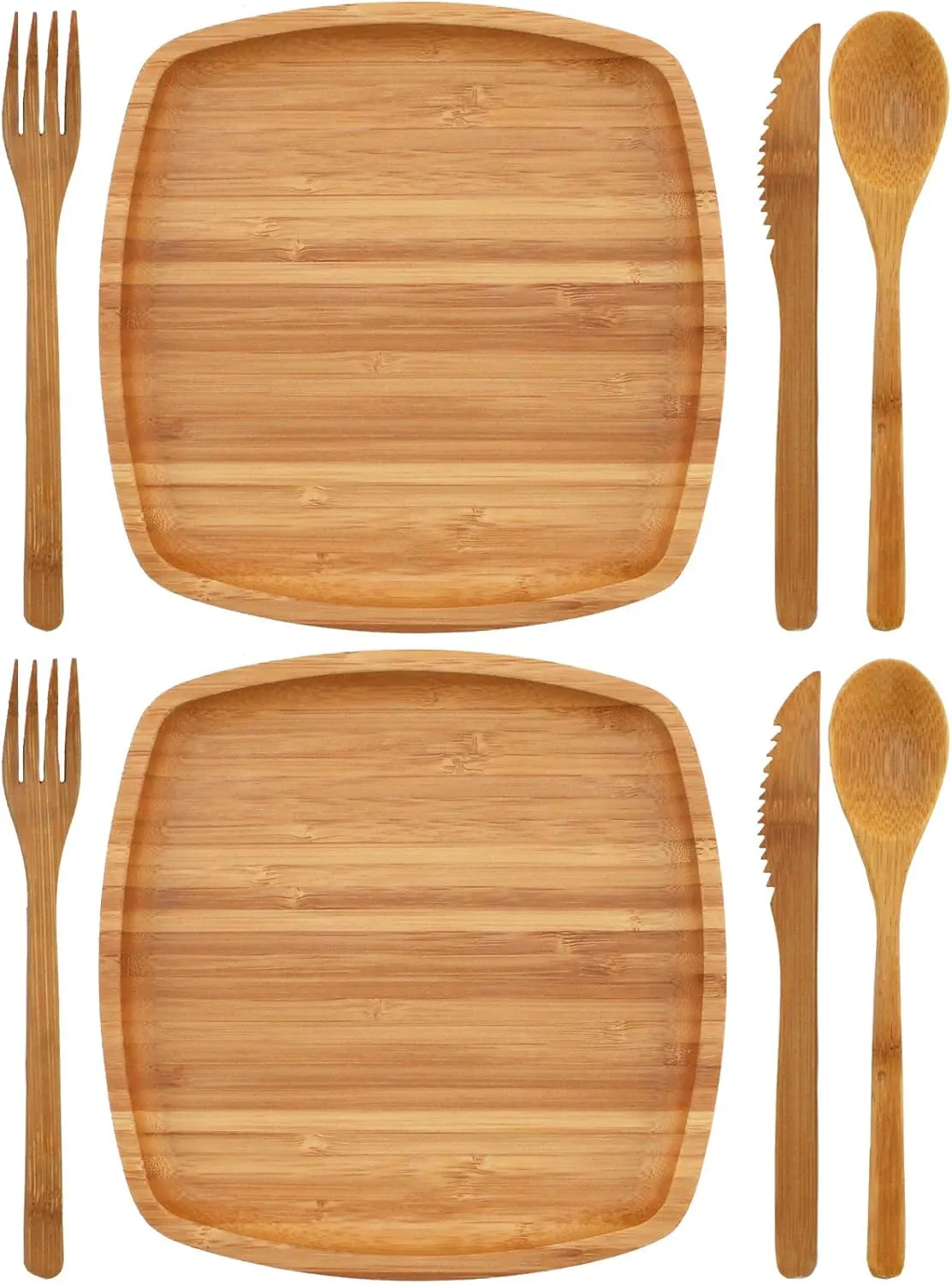 BambooMN Camping Mess Kit Lightweight Organic 8" x 8" Bamboo Plates, Forks, Knifes and Spoons for Camping, Hiking, or Backpacking - 10 Sets