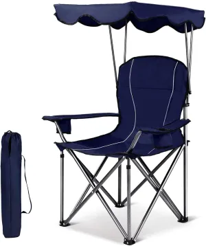 BANGTANE Outdoor Canopy Chair, Foldable Camp Chair w/Sunshade, Cup Holder & Carrying Bag, Heavy-Duty Chair for Lawn, Backyard, Beach, Hiking & Travel (Blue)