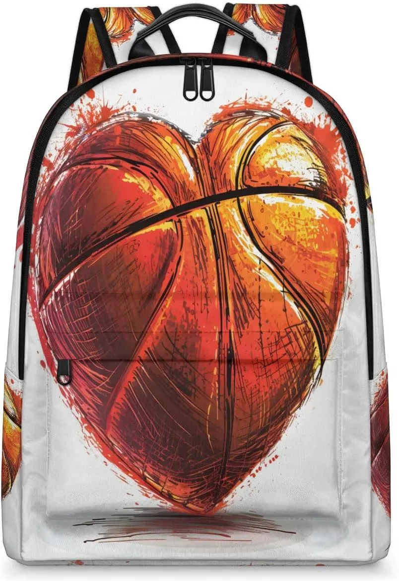 Basketball Heart Backpack for Women Men Lightweight Laptop Backpack Carry on Backpacks Casual Shoulder Bag with Adjustable Shoulder Strap for Travel Gym Work