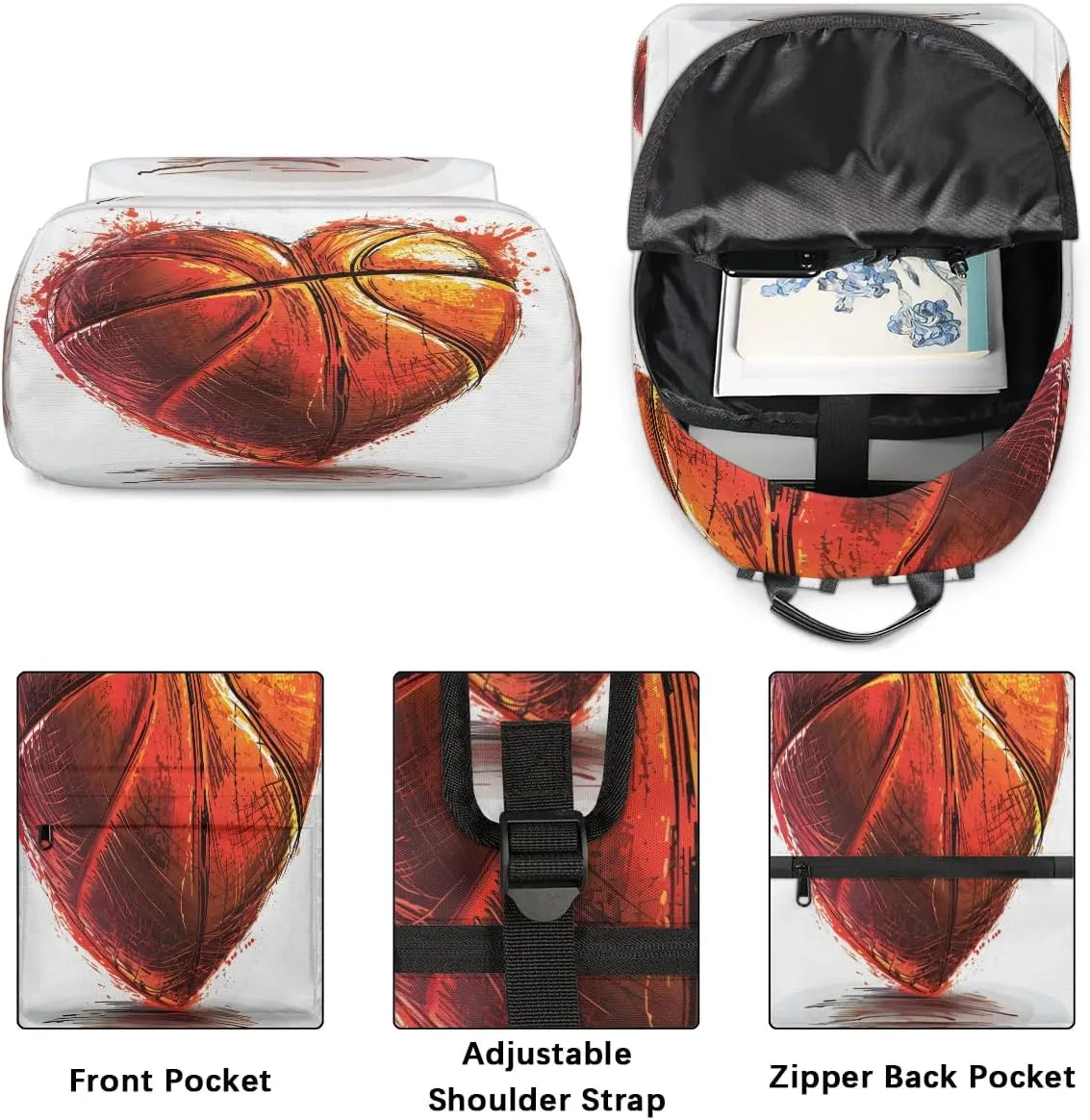 Basketball Heart Backpack for Women Men Lightweight Laptop Backpack Carry on Backpacks Casual Shoulder Bag with Adjustable Shoulder Strap for Travel Gym Work