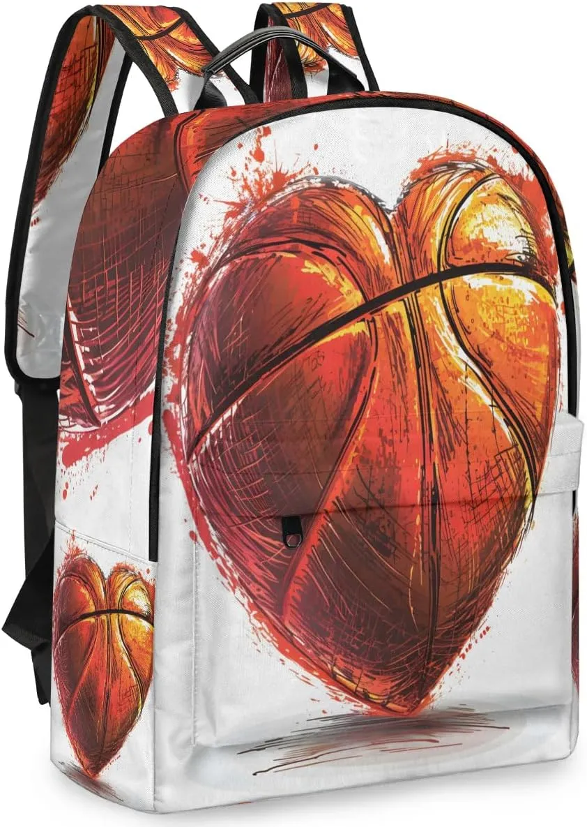 Basketball Heart Backpack for Women Men Lightweight Laptop Backpack Carry on Backpacks Casual Shoulder Bag with Adjustable Shoulder Strap for Travel Gym Work
