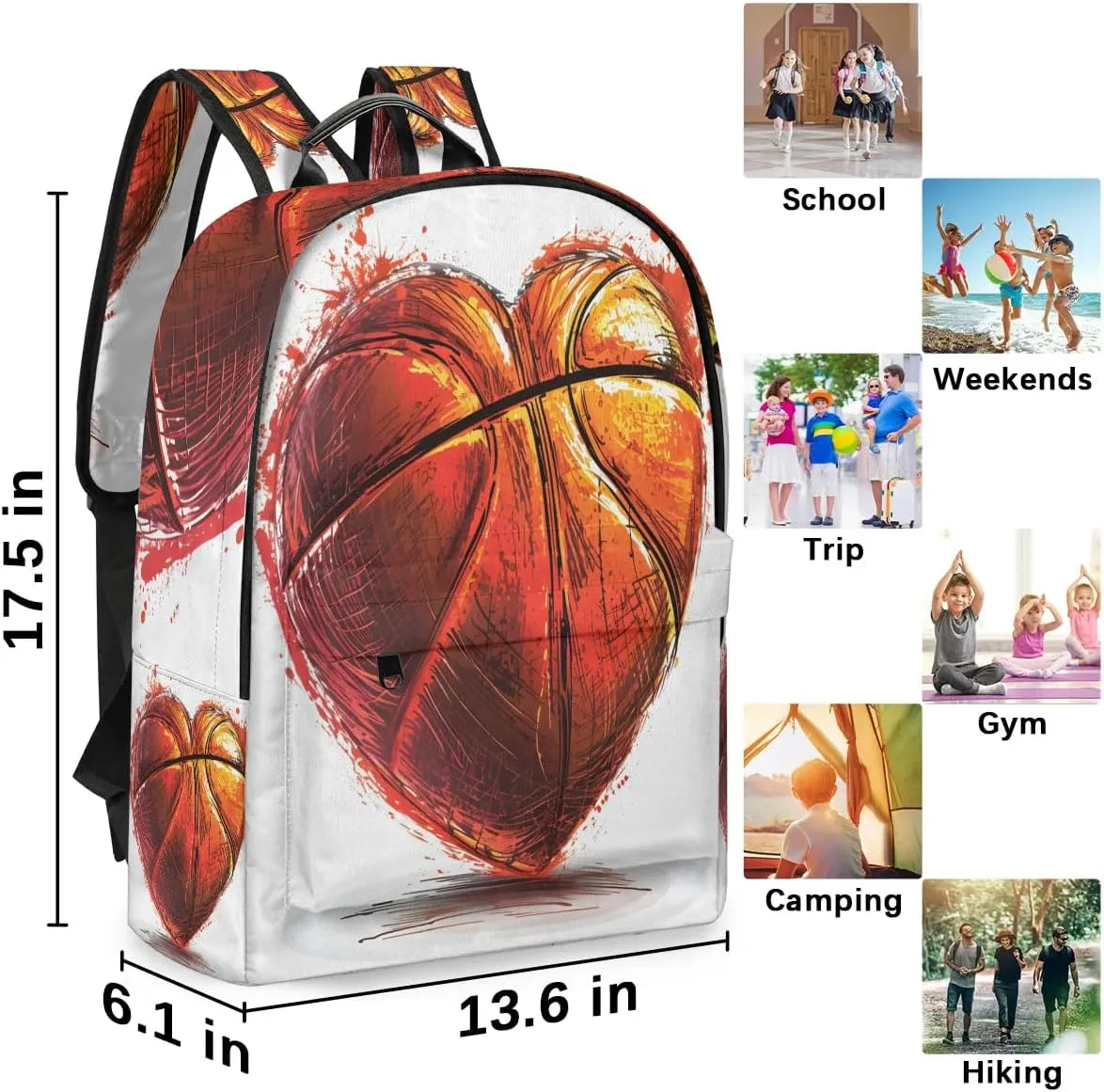 Basketball Heart Backpack for Women Men Lightweight Laptop Backpack Carry on Backpacks Casual Shoulder Bag with Adjustable Shoulder Strap for Travel Gym Work