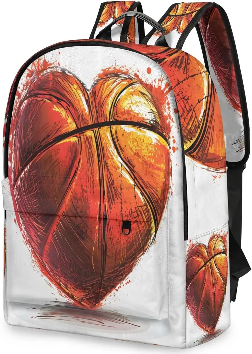 Basketball Heart Backpack for Women Men Lightweight Laptop Backpack Carry on Backpacks Casual Shoulder Bag with Adjustable Shoulder Strap for Travel Gym Work
