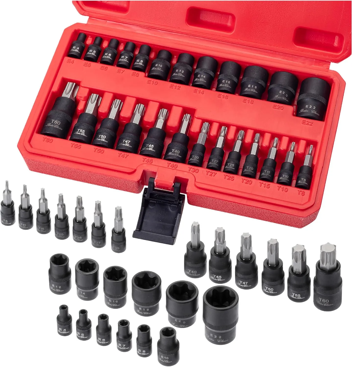 Bates- Torx Bit and Socket Set, 25 pcs, 1/4" 3/8" & 1/2" Drive, Star Bits T8-T60, E-Torx Sockets E4-E22, Torx Bit Set, Torx Set, E Torx Socket Set, Star Bits Set, Torque Bit Set, Torx Bit Socket Set
