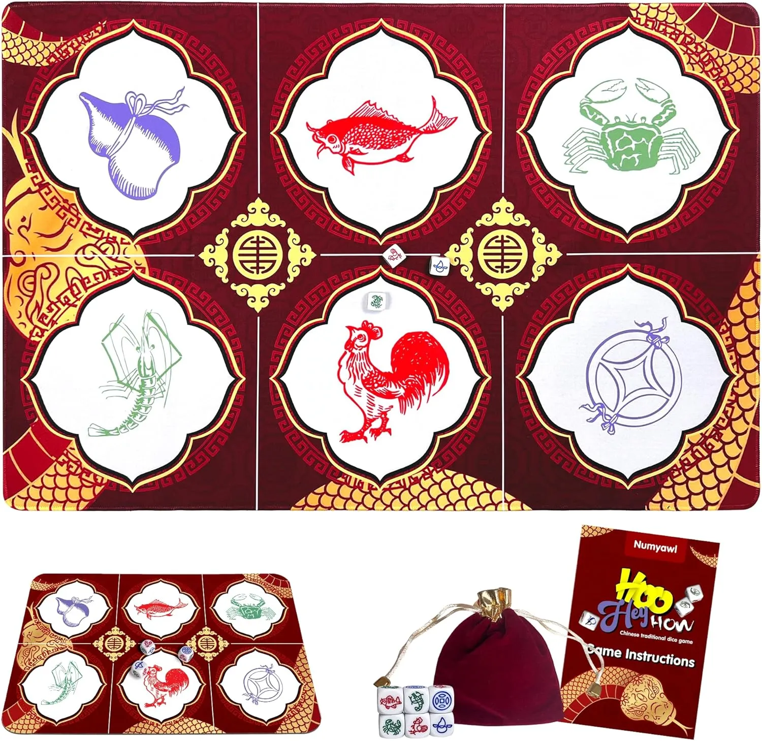 BAU Ca Tom Cua Game Set - Luxury 19.7"x27.5" Mat with 6 Dice, Asian Gambling Game for Lunar New Year, Family Gatherings & Parties, Fun Cultural Dice Game for Adults & Kids