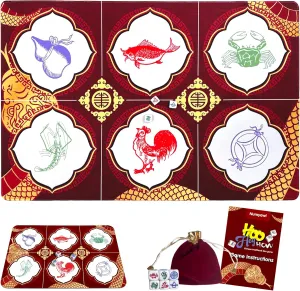 BAU Ca Tom Cua Game Set - Luxury 19.7"x27.5" Mat with 6 Dice, Asian Gambling Game for Lunar New Year, Family Gatherings & Parties, Fun Cultural Dice Game for Adults & Kids