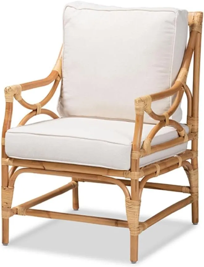 Baxton Studio Brandon Modern Bohemian White Fabric Upholstered and Natural Brown Rattan Armchair