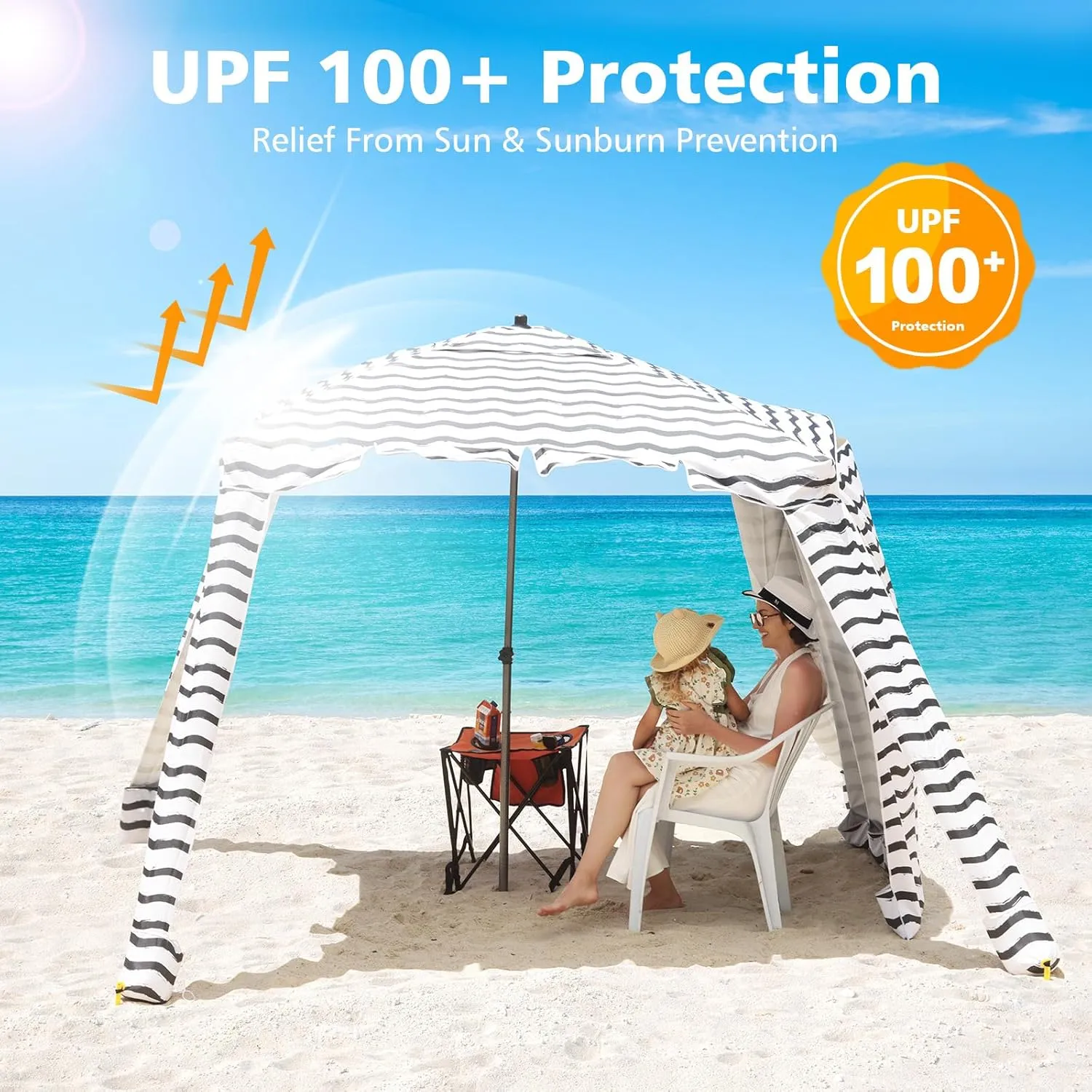 Beach Cabana - UPF 100  UV Protection Beach Tent, Easy to Set Up 6' x 6' Canopy with Attachable Wall, Waterproof Fabric, Portable Shelter for Family & Friends (Black Wave)