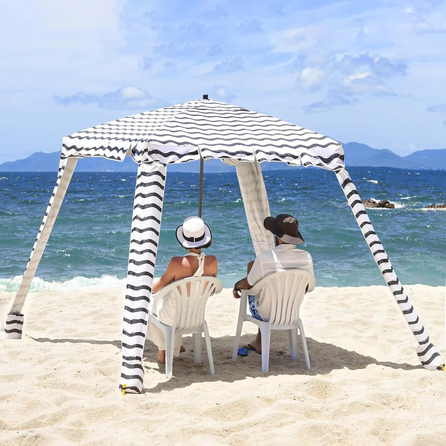 Beach Cabana - UPF 100  UV Protection Beach Tent, Easy to Set Up 6' x 6' Canopy with Attachable Wall, Waterproof Fabric, Portable Shelter for Family & Friends (Black Wave)