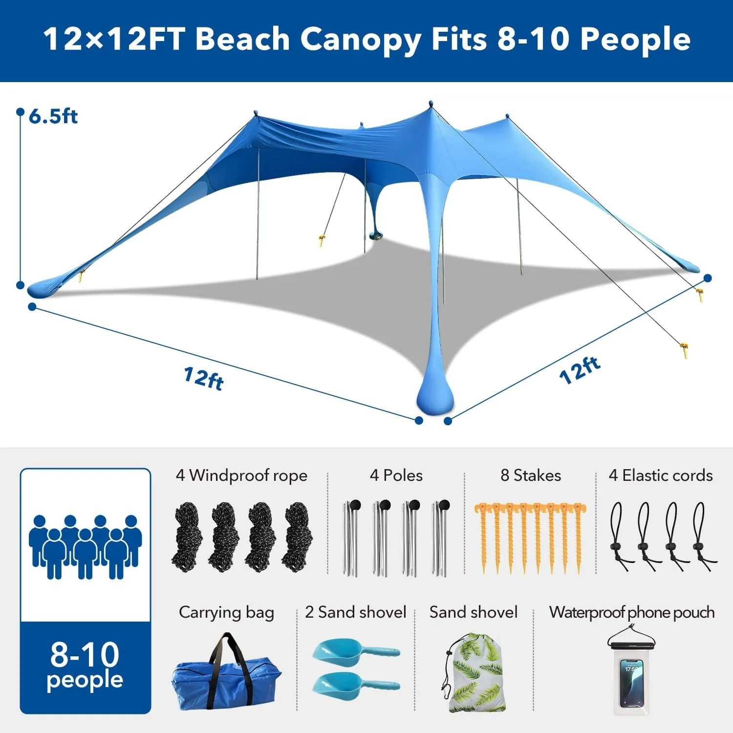 Beach Canopy Tent with UPF50  Protection Sun shelter Umbrella Portable Camping Tents 12X12FT Include Beach Blanket Phone Case with Sandbags Poles Anti-Wind Ropes for Beach Camping Backyard Picnics