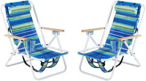 Beach Chairs for Adults 2 Pack,Portable Folding Backpack Beach Chair with Headrest Cup Holder and Wooden Armrests,Cup Holder for Outdoor/Lawn/Picnic,Foldable Camping Chair (Blue Stripes-2Set)