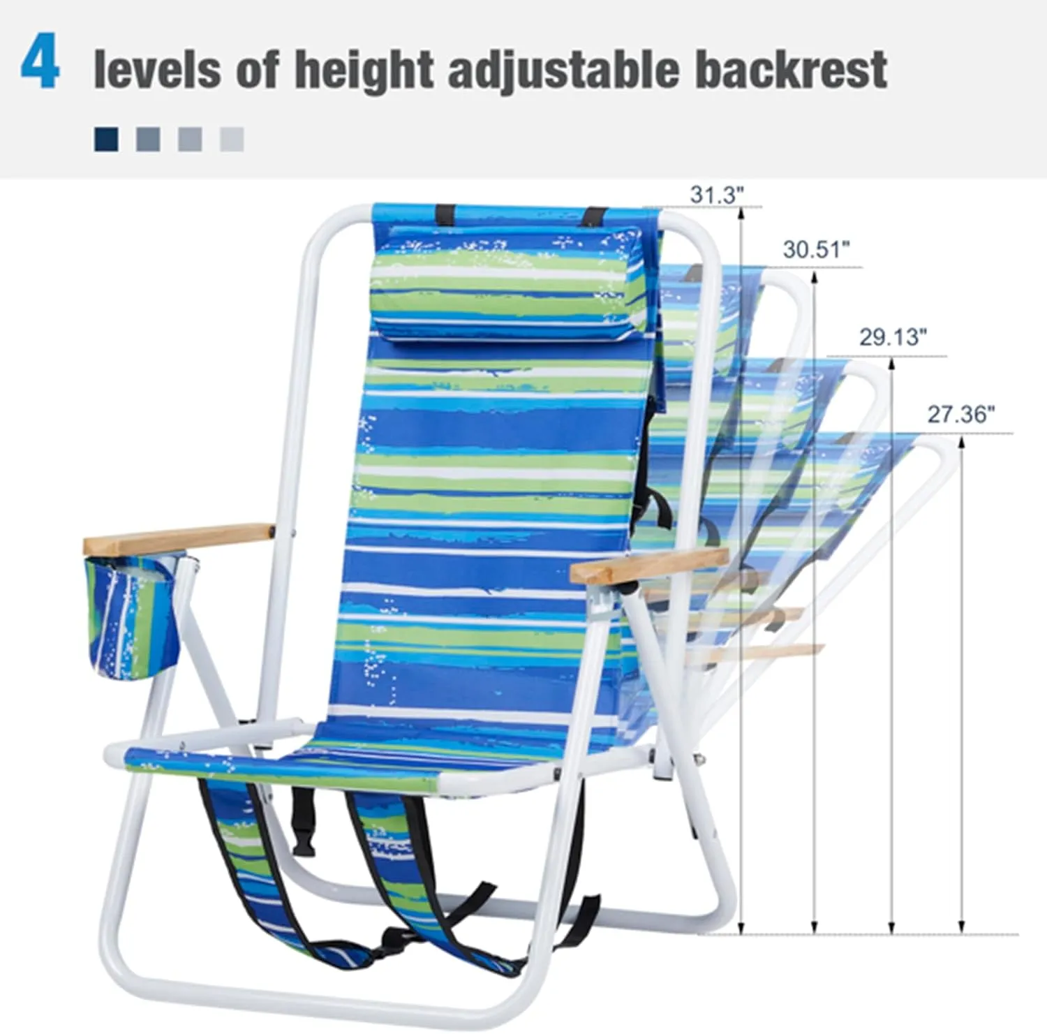 Beach Chairs for Adults 2 Pack,Portable Folding Backpack Beach Chair with Headrest Cup Holder and Wooden Armrests,Cup Holder for Outdoor/Lawn/Picnic,Foldable Camping Chair (Blue Stripes-2Set)