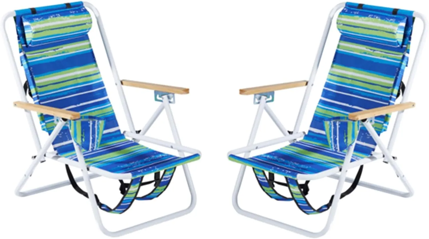 Beach Chairs for Adults 2 Pack,Portable Folding Backpack Beach Chair with Headrest Cup Holder and Wooden Armrests,Cup Holder for Outdoor/Lawn/Picnic,Foldable Camping Chair (Blue Stripes-2Set)