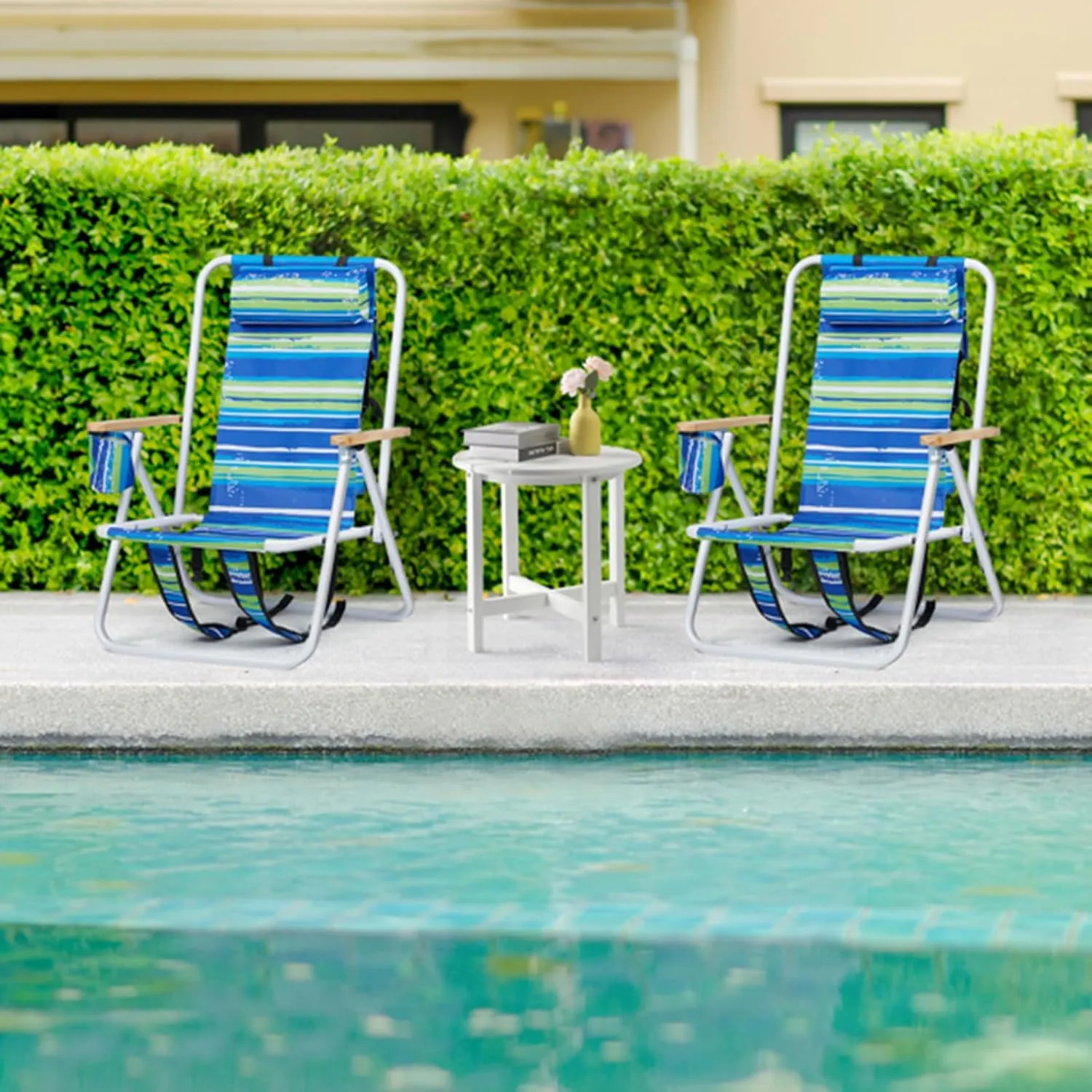 Beach Chairs for Adults 2 Pack,Portable Folding Backpack Beach Chair with Headrest Cup Holder and Wooden Armrests,Cup Holder for Outdoor/Lawn/Picnic,Foldable Camping Chair (Blue Stripes-2Set)