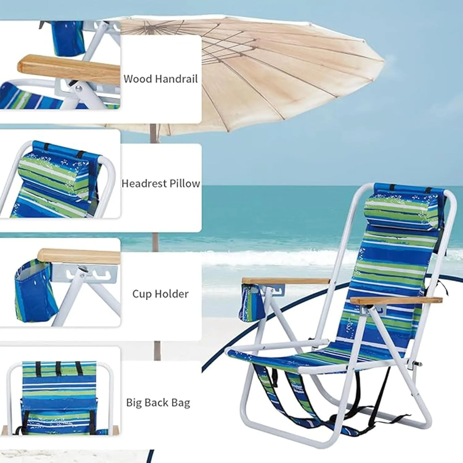 Beach Chairs for Adults 2 Pack,Portable Folding Backpack Beach Chair with Headrest Cup Holder and Wooden Armrests,Cup Holder for Outdoor/Lawn/Picnic,Foldable Camping Chair (Blue Stripes-2Set)