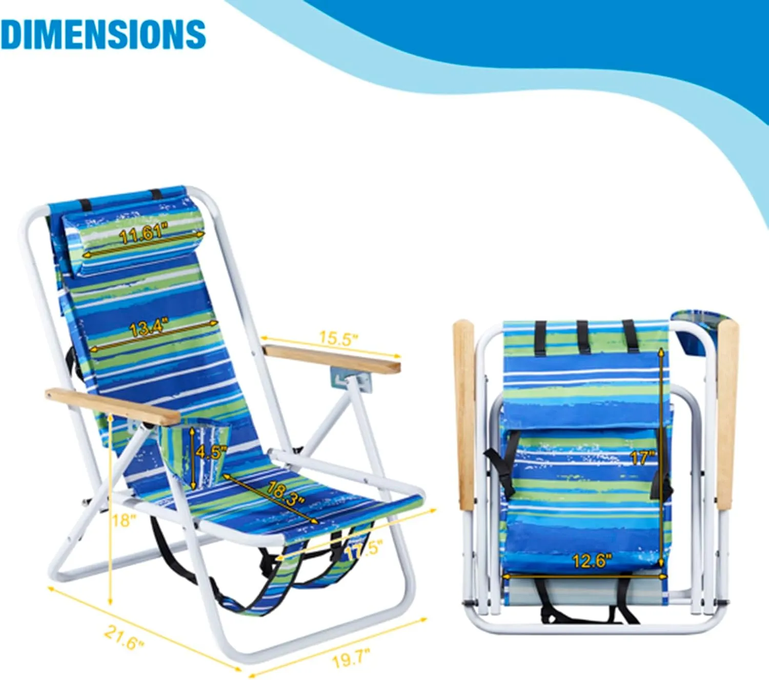 Beach Chairs for Adults 2 Pack,Portable Folding Backpack Beach Chair with Headrest Cup Holder and Wooden Armrests,Cup Holder for Outdoor/Lawn/Picnic,Foldable Camping Chair (Blue Stripes-2Set)